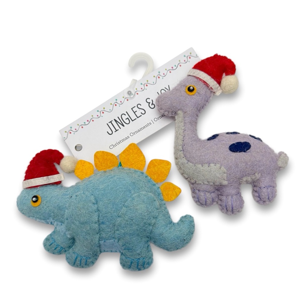Jingles & Joy Set of 2 Dinosaurs in Santa Hats Felt Christmas Ornaments